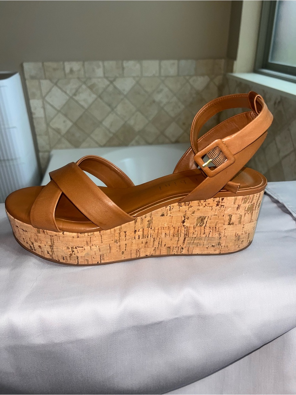 Gianni Bini Tan Cork Platform Strappy Wedge Sandals - Picture 4 of 5